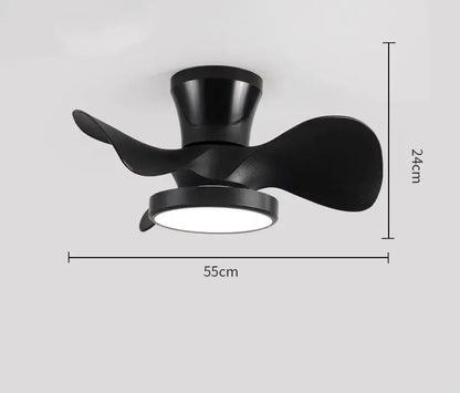 Black matte led ceiling fan with integrated light and sleek curved blades for modern minimalist bedroom use