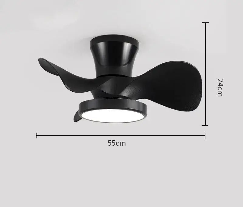 Black matte led ceiling fan with integrated light and sleek curved blades for modern minimalist bedroom use