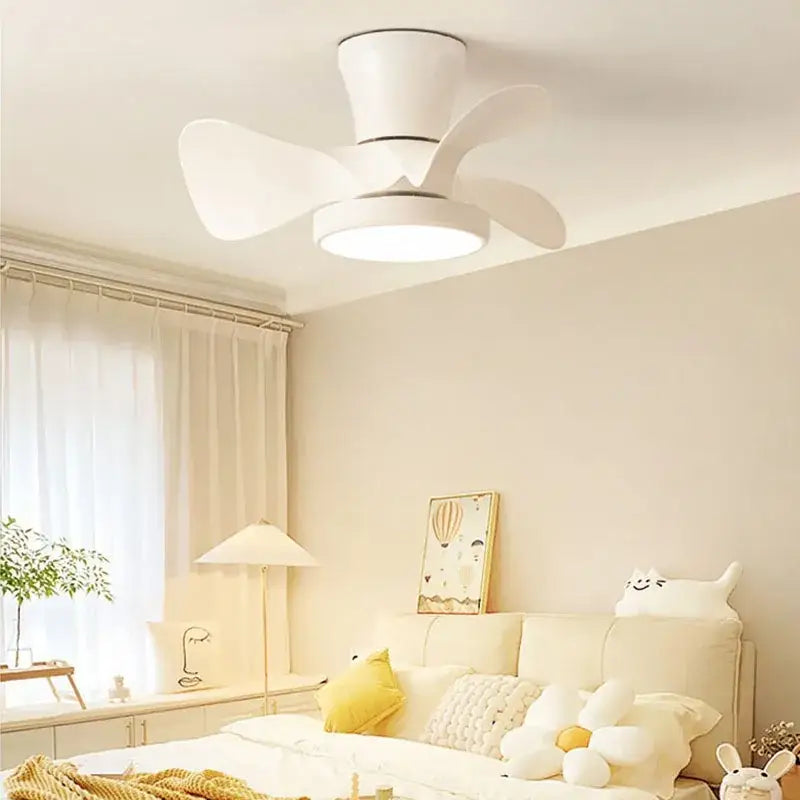 Modern white led ceiling fan with integrated fan light and three sleek curved wooden blades for bedroom use