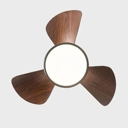 A modern white led ceiling fan with dark wood blades and a central circular fan light for bedroom use