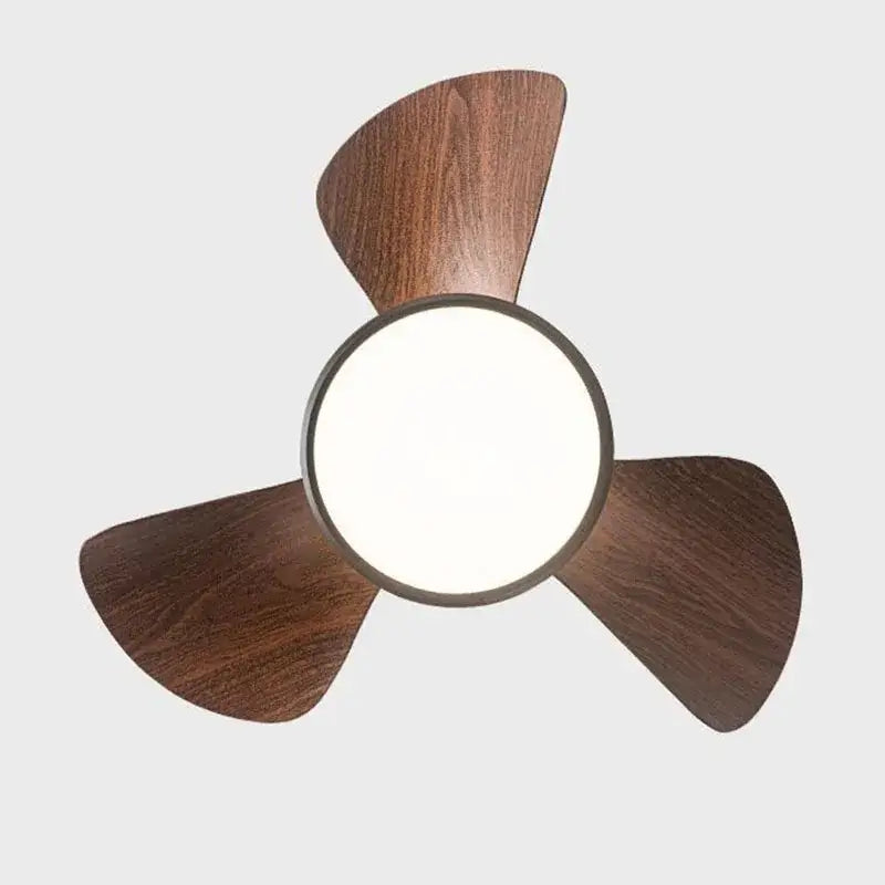 A modern white led ceiling fan with dark wood blades and a central circular fan light for bedroom use