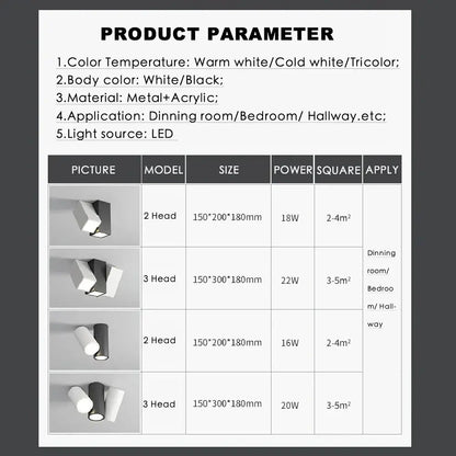 Modern white square dimmable ceiling spot light in metal and acrylic with 2 or 3 heads for living rooms and hallways