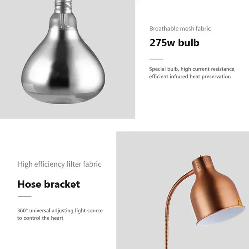 Copper-colored flexible gooseneck lamp with heat-preserving 275w electric food bulb for kitchen use