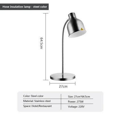 Steel-colored stainless steel hose insulated 275w electric food heat lamp with sleek flexible gooseneck design