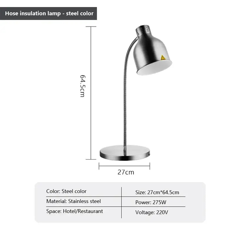 Steel-colored stainless steel hose insulated 275w electric food heat lamp with sleek flexible gooseneck design