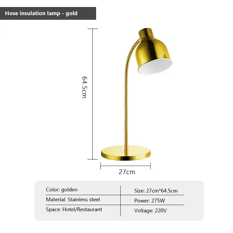 Gold-colored hose insulation lamp made of stainless steel with flexible gooseneck for 275w electric food heat use