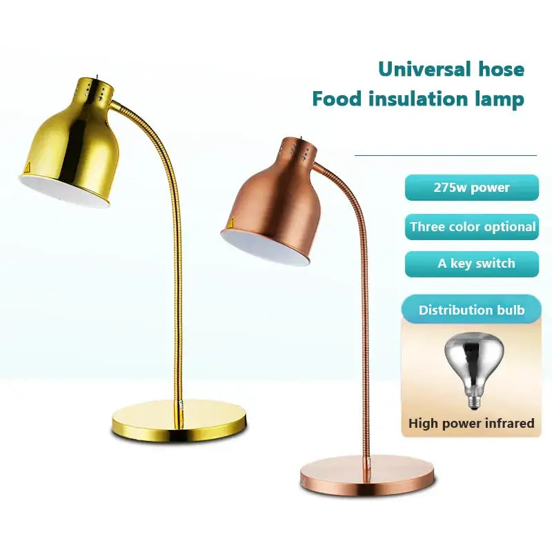 Gold and rose gold 275w electric food heat lamps with flexible gooseneck arms for kitchen food insulation