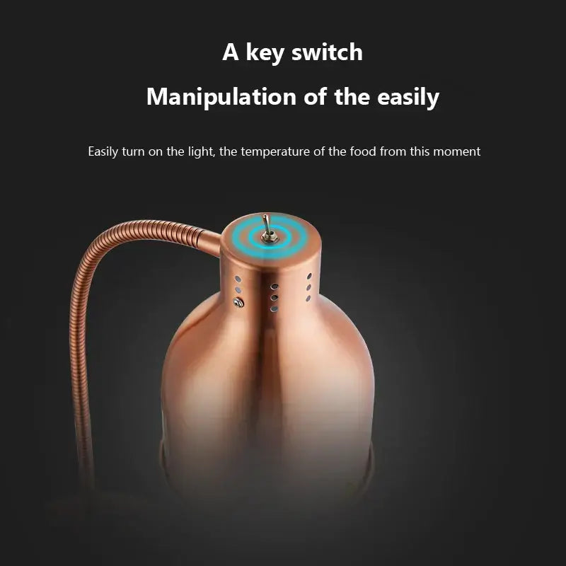 Copper-colored metal 275w electric food heat lamp with coiled power cord and blue key switch on top for kitchen use