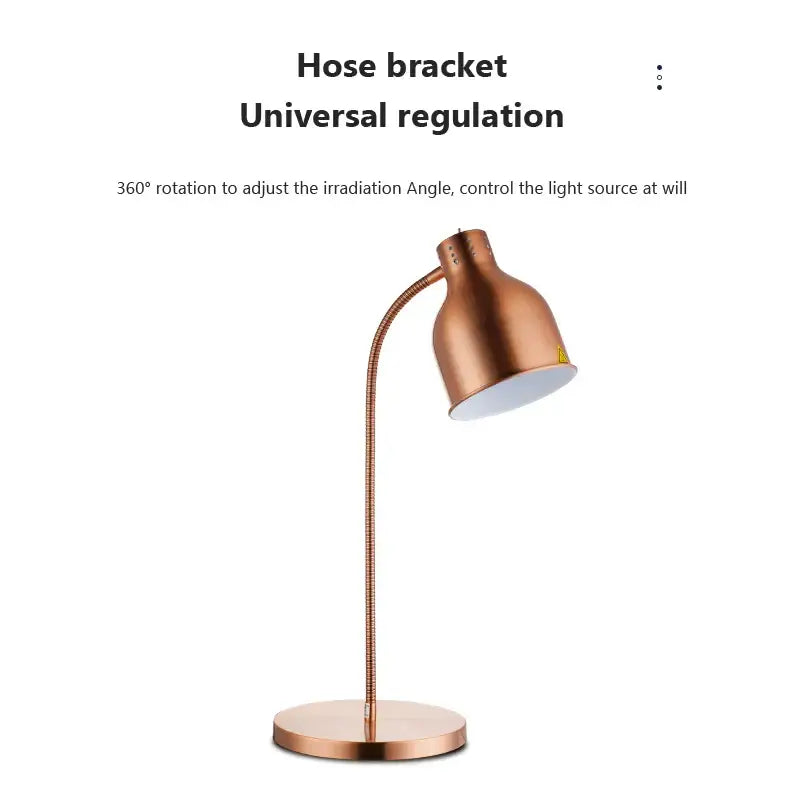 Copper finished desk lamp with flexible gooseneck and adjustable shade for 275w electric food heat lamp use