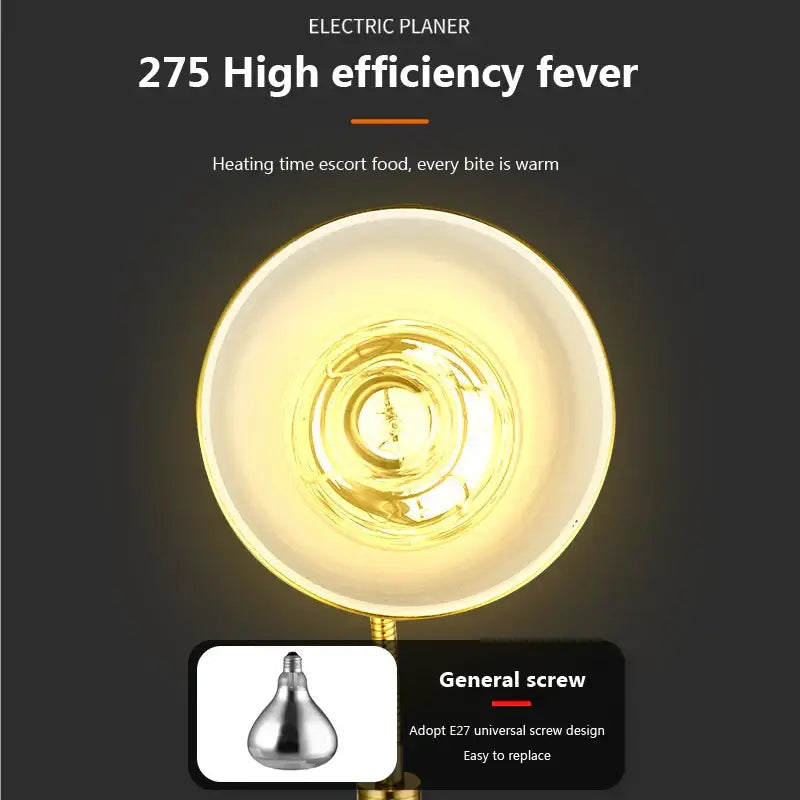 Gold-toned 275w electric food heat lamp with ceramic bowl and e27 universal screw base for kitchen use
