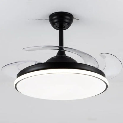 Black led ceiling fan with integrated light and transparent curved blades for modern bedroom use