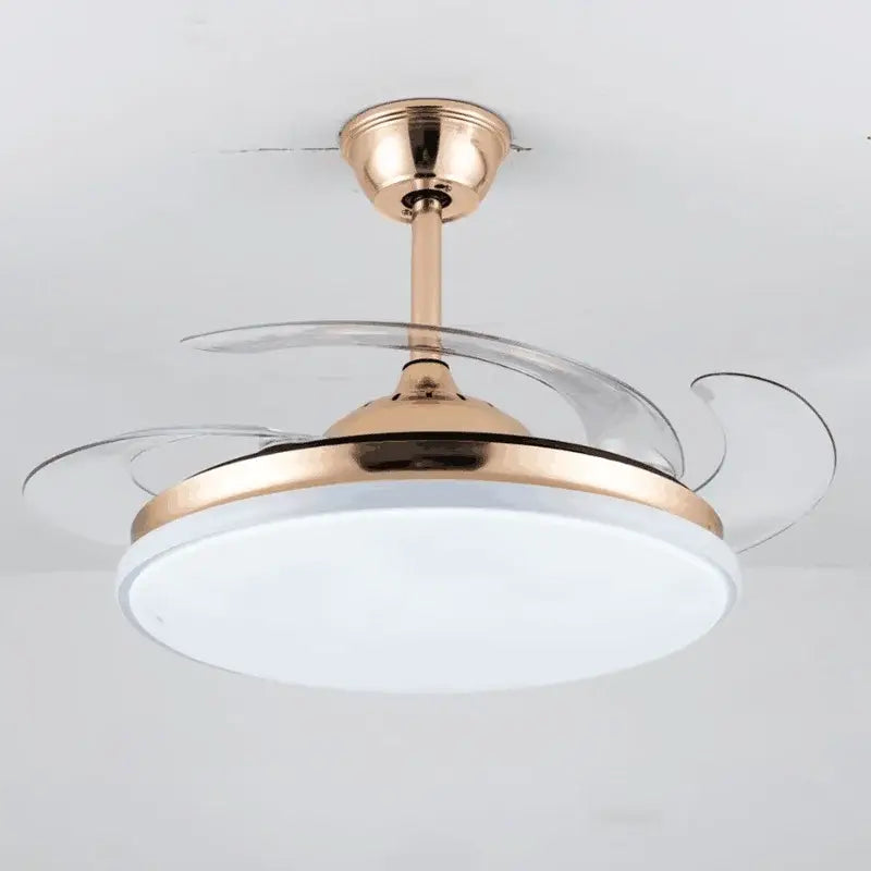 A modern white led ceiling fan with integrated light features transparent glass blades and a rose gold metallic finish