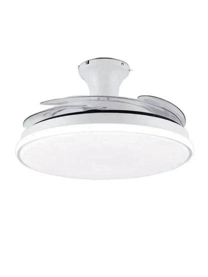 Modern white led ceiling fan with chrome finish, integrated led lighting, and sleek curved transparent blades for bedroom
