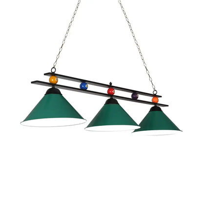 Decorbites™ green conical metallic billiard lighting fixture with black metal frame and chain suspension for indoor use