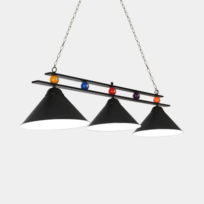 Black metal DecorBites 3-head conical metallic billiard lighting fixture with red and blue shades over billiard balls