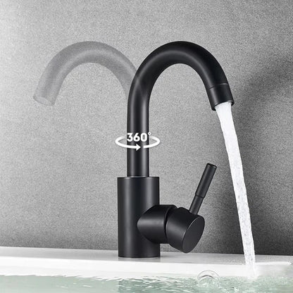 Decorbites™ black matte stainless steel rotating sink faucet with sleek curved spout and 360-degree swivel design