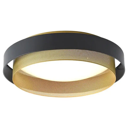 Modern black and gold led ceiling lamp with perforated rings emitting soft white illumination for home office use