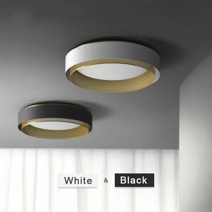 Modern black and gold led ceiling lamp with sleek circular design featuring white or black outer ring and gold inner rim