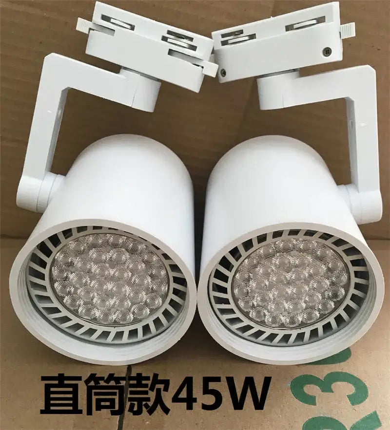White cylindrical led ceiling spot light with 45w power, adjustable arms, and mounting clips for retail displays