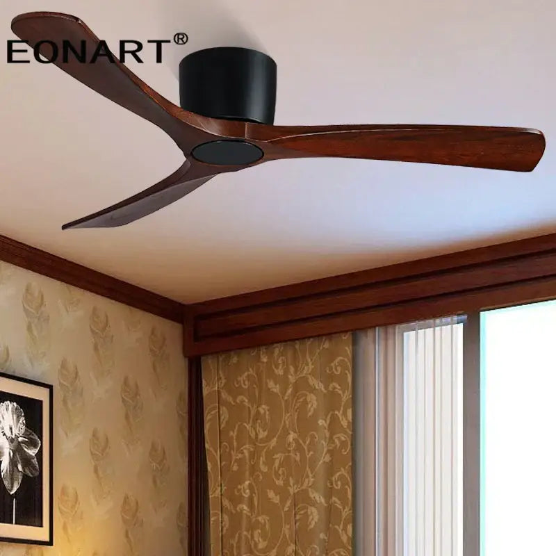 Eonart ceiling fan with three dark brown wooden blades and black housing for modern white ceiling living room use
