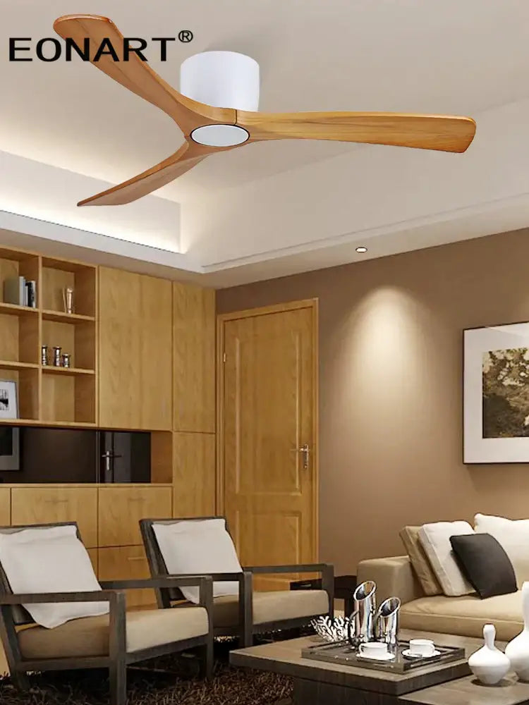 Eonart ceiling fan with three light wood blades and white cylindrical housing for modern white ceiling living room light