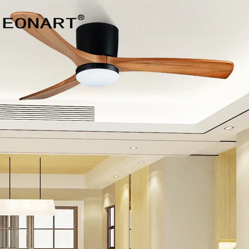 Eonart modern white ceiling fan with three wooden blades and black central housing with integrated light for living room