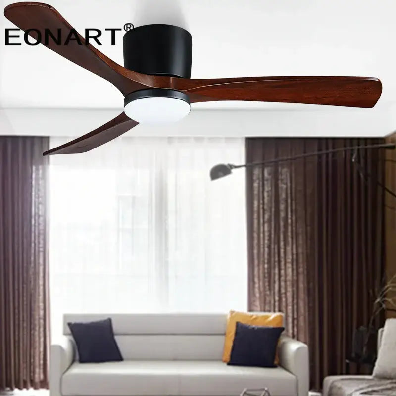 Eonart modern white ceiling fan with dark wood blades and black housing with integrated white ceiling light