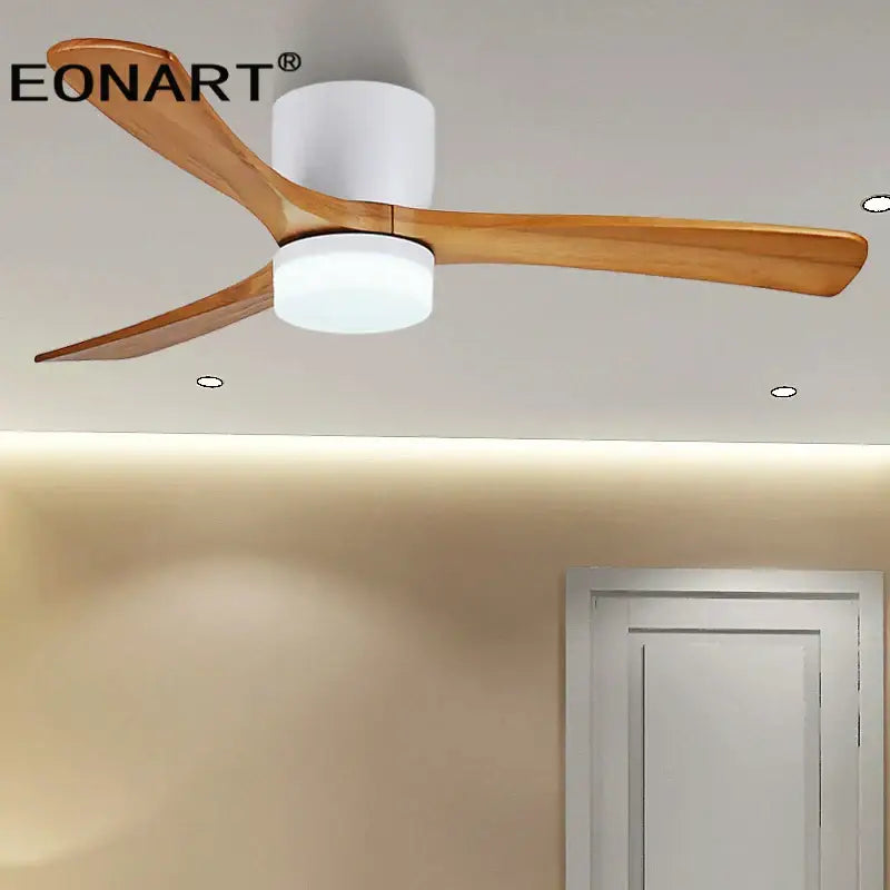Eonart white ceiling fan with three light wooden blades and a white cylindrical housing for modern living rooms