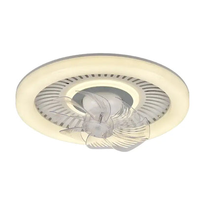 Cream-colored circular ceiling fan with transparent blades and integrated led lighting for rotating air supply