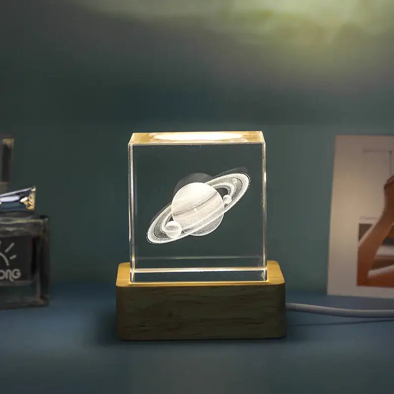Decorbites 3d moon clear glass cube night light with 3d laser engraved saturn and wooden base for bedroom decor