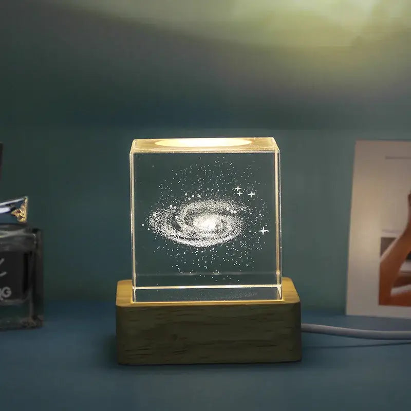 Decorbites 3d moon solar galaxy glass cube night light with laser-etched galaxy design and wooden base