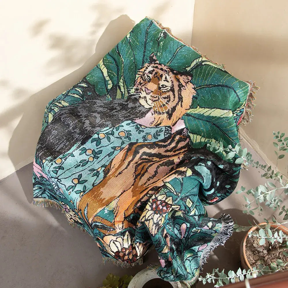 Vibrant decorbites 3d print tiger linen blanket with teal orange floral patterns soft warm bedroom throw