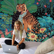 Silver apple macbook laptop placed on decorbites 3d print tiger linen blanket soft warm throw in bedroom