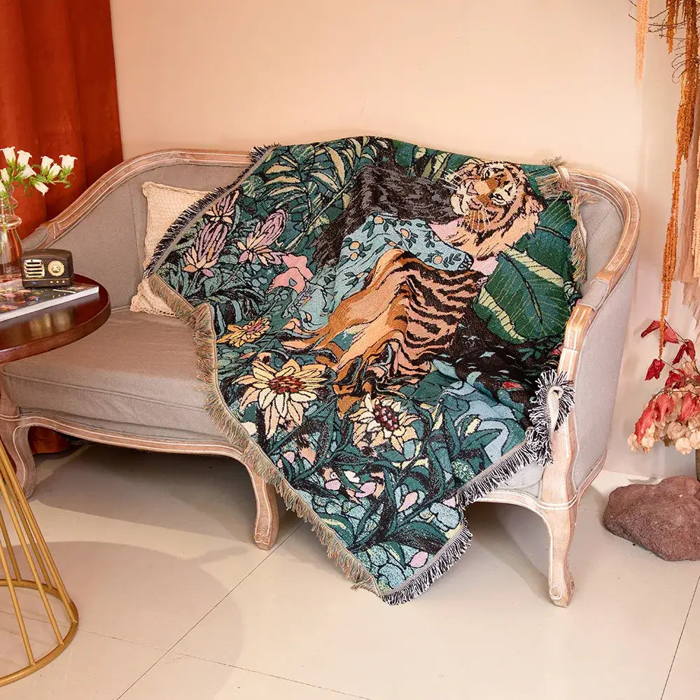 A decorbites 3d print tiger linen blanket featuring a vibrant jungle scene in teal orange pink and cream colors