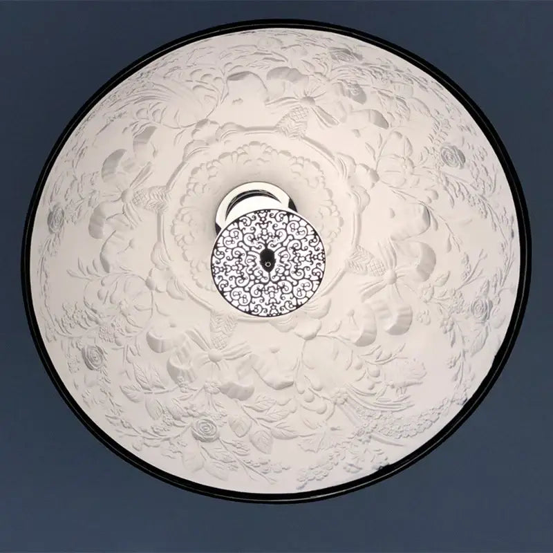 White ornate ceiling light with intricate floral embossing and central circular design for sky garden resin chandelier decorbites 3d sky