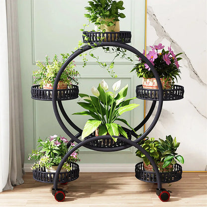 Black circular metal plant stand shelf with multiple tiers and red wheels for indoor plant display DecorBites 4-wheel model