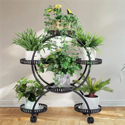 Black wrought iron plant stand shelf with circular tiers and caster wheels from decorbites 4-wheel plant stand with 6 pots