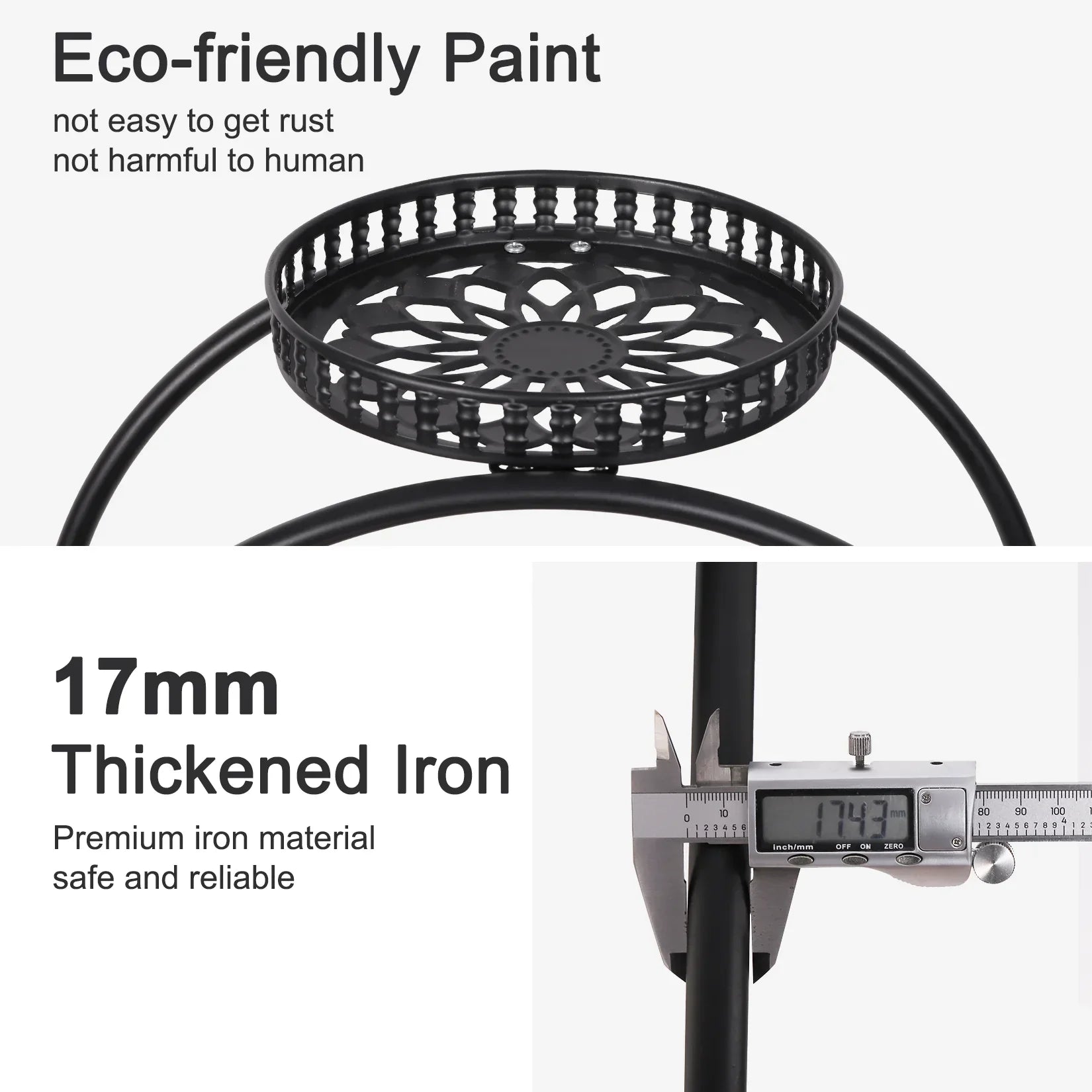 Black metal plant stand shelf with ornate circular floral tray and thick 17mm iron legs for multiple pots by decorbites