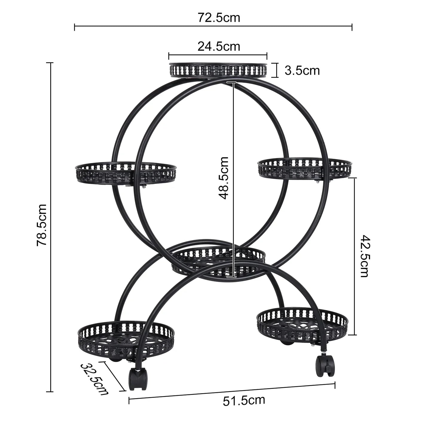 Black metal plant stand shelf with five circular tiers and caster wheels by decorbites for indoor plant display