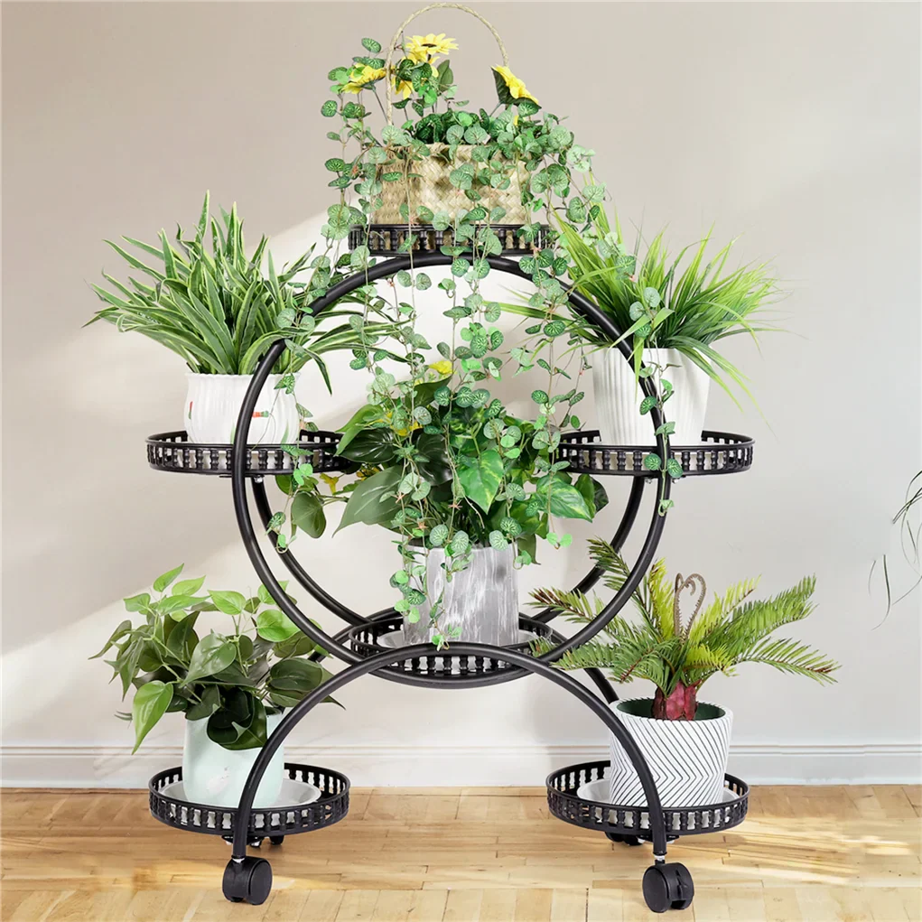 Black metal plant stand shelf with circular tiers and 4 wheels for easy mobility by DecorBites™
