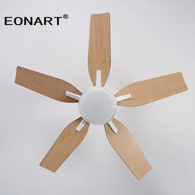 Eonart modern black and white led ceiling fan with remote control and five light wooden blades for bedroom use