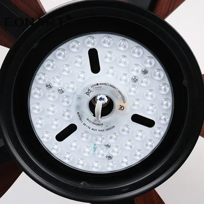 Modern black led ceiling fan with remote control featuring circular light fixture with clear dome-shaped bulbs for bedroom