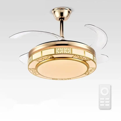 Gold-toned led ceiling fan with integrated light, clear acrylic blades, and geometric patterns for living room use