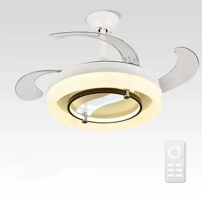 Modern white retractable fan chandelier ceiling fan with sleek chrome blades and integrated circular light ring for bedrooms