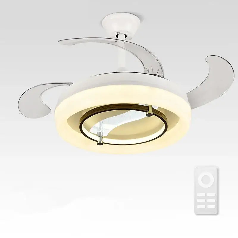 Modern white retractable fan chandelier ceiling fan with sleek chrome blades and integrated circular light ring for bedrooms