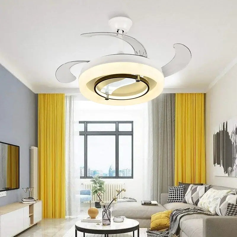 Modern white retractable ceiling fan chandelier with sleek curved black blades and integrated lighting for bedroom use