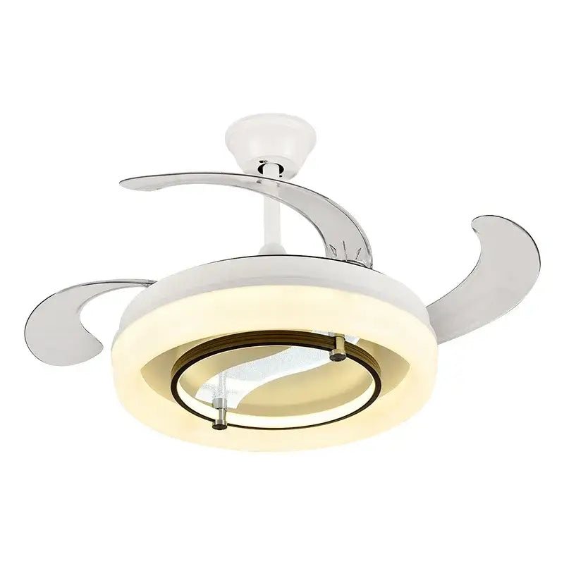 Modern white retractable ceiling fan chandelier with chrome accents and integrated led lighting for bedroom use
