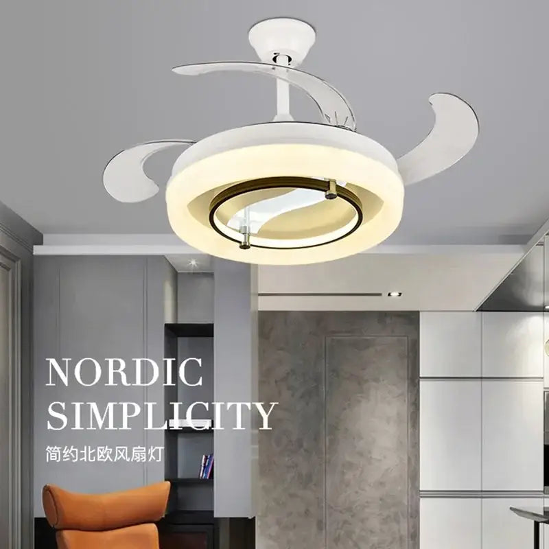 Modern white retractable ceiling fan chandelier with integrated lighting and sleek curved blades for bedroom use