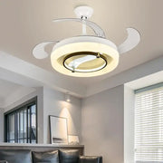 Modern white retractable ceiling fan chandelier with integrated lighting and sleek curved blades for bedroom use