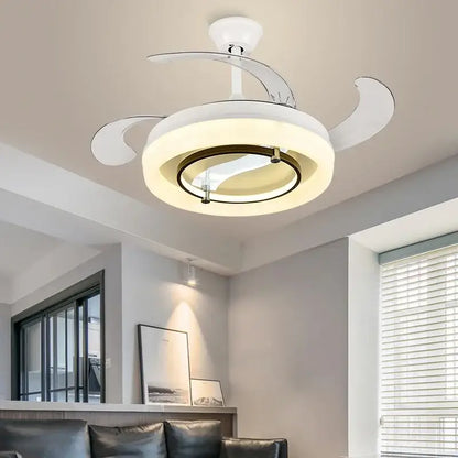 Modern white retractable ceiling fan chandelier with integrated lighting and sleek curved blades for bedroom use